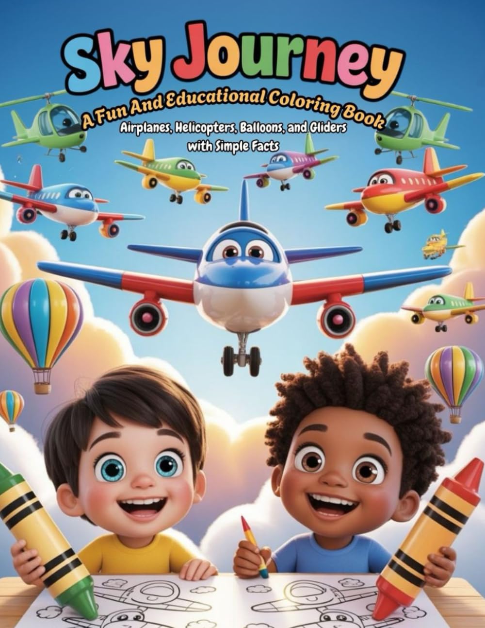 Sky Journey: A Fun And Educational Coloring Book: Airplanes, Helicopters, Balloons, and Gliders with Simple Facts