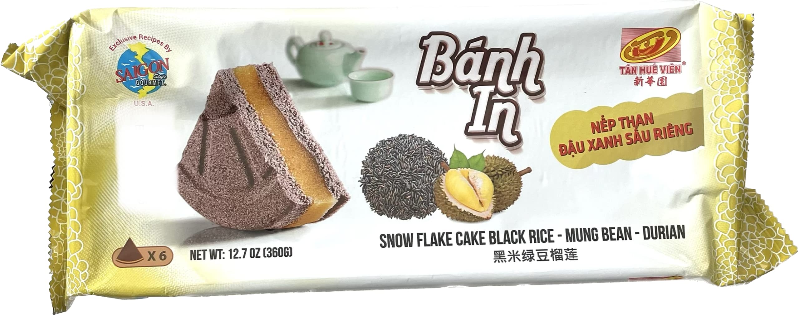 Banh In Viet Nam Nep Than Snow Flake Cake Tan Hue Vien - Saigon Gourmet, Black Rice, Mung Bean & Durian Flavor, 12.7 Oz, [Pack of 1] White - Yellow Large