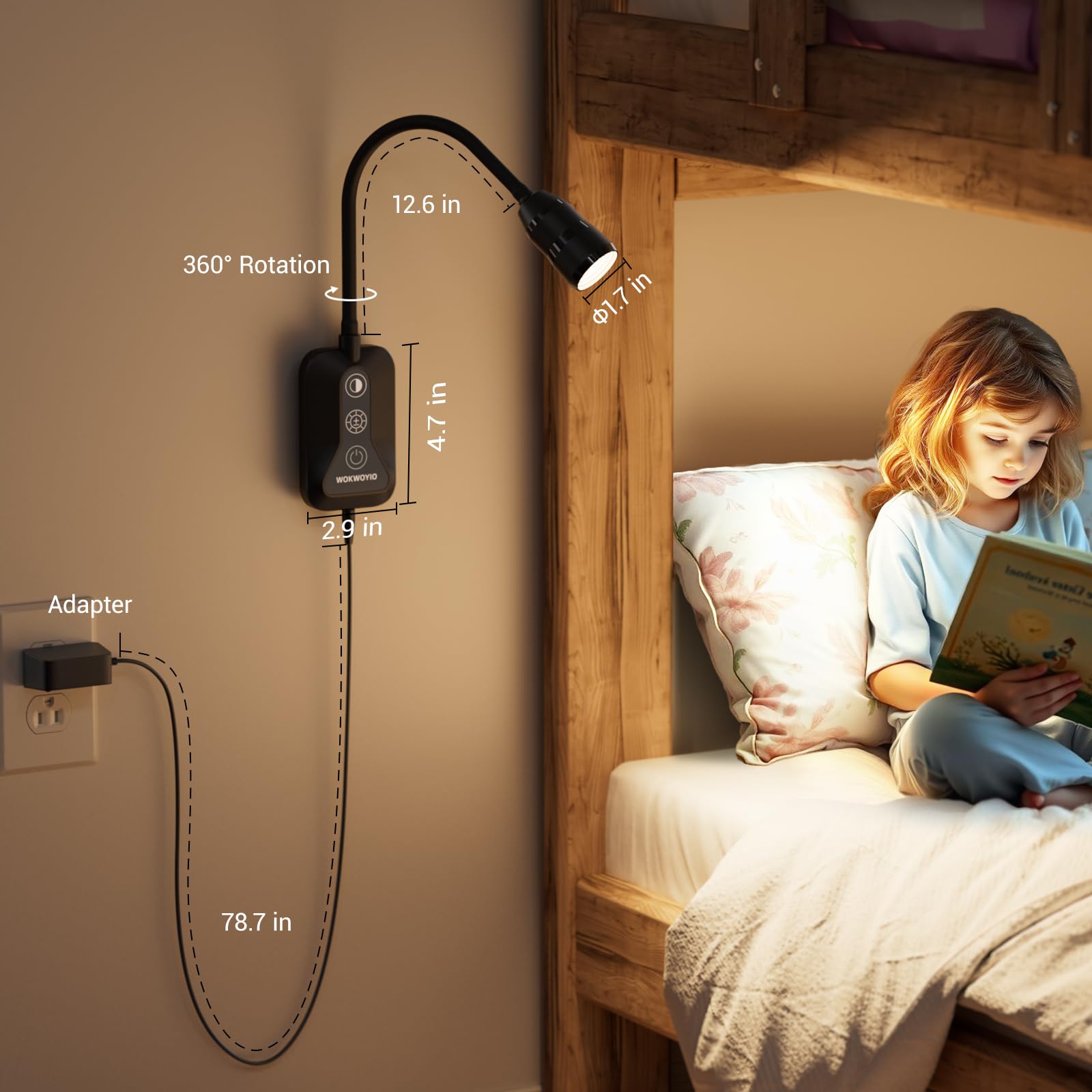 Wandmontierte Leselampe für Bett, Kopfteilleuchte mit 360° flexiblem Arm, Handwellensensor, fokussierter 60°-Strahl, 5 Farbtemperaturen, stufenloses Dimmen, Speicherfunktion, USB-C-Ausgang, Schwarz, 2
