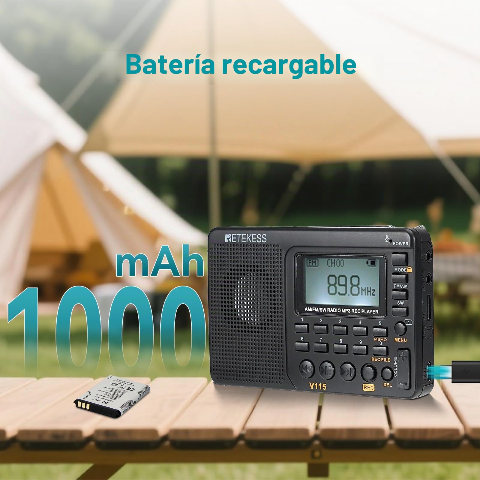 Retekess V115 Radio Portátil Pequeña, Radio a Pilas, Am FM SW, TF/USB, 3 Modos de Grabación, Tiempo de Sueño, Pantalla LCD, Radios Pequeñas Digitales con MP3 Familia, Exterior, Emergencia, Regalo