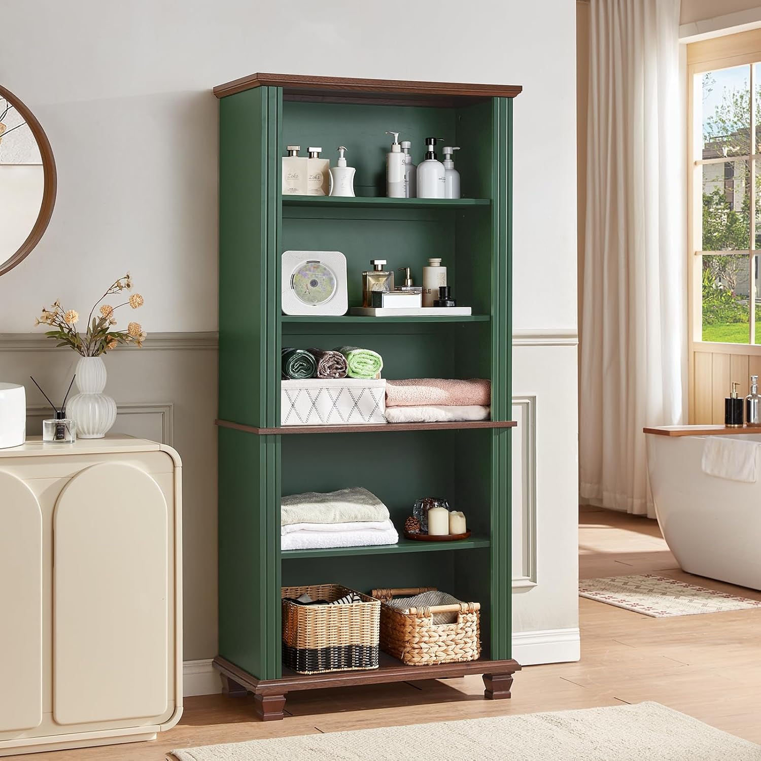 SAVOR LIFE 70" Tall Green Bookshelf,5 Tier Wooden Book Shelf with Adjustable Shelves & Wood Legs,Free Standing Farmhouse Bookcase with Open Display Storage,Vintage Bookshelves for Library,Classroom
