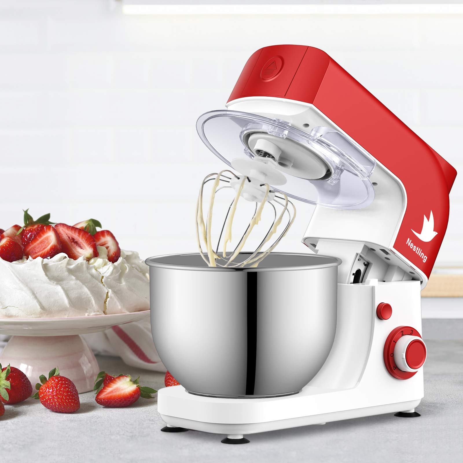 Robot Pâtissier Nestling 5L 800W - Tête Inclinable, 6 Vitesses, Avec Crochet Pétrisseur, Fouet Et Batteur, Bol Inox, Rouge