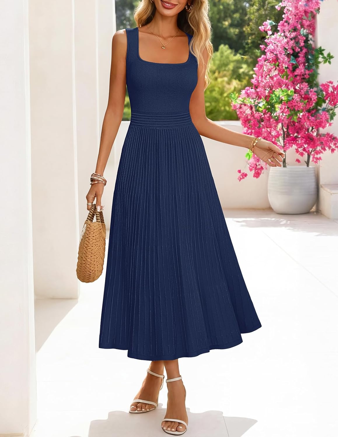 MEROKEETY Women's Summer Midi Dress 2026 Spring Sleeveless Pleated A Line Casual Business Work Cocktail Vacation Dresses