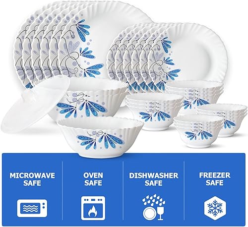 Vista 45 de Borosil - Juego de vajilla gourmet para 6, 19 piezas, juego de platos y cuencos blancos de vidrio ópalo templado, resistente a las manchas, apto