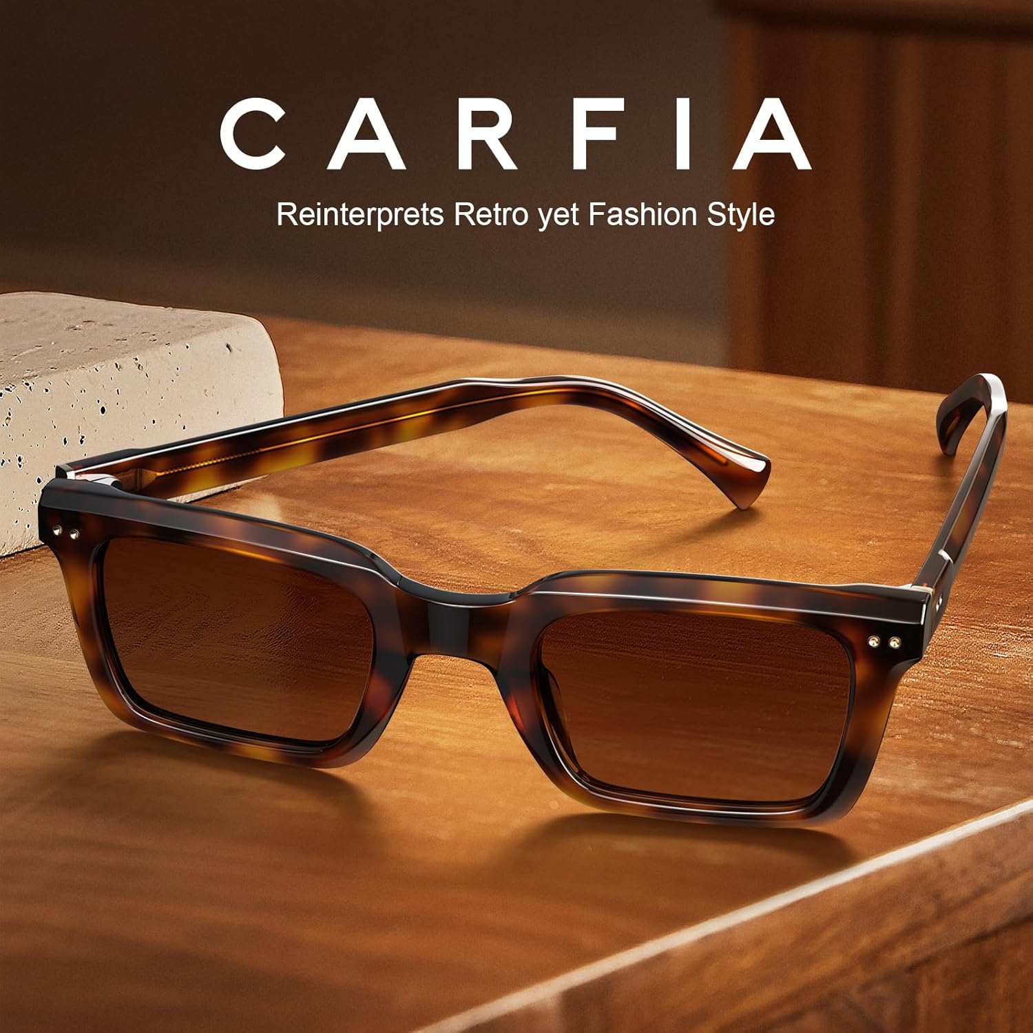 CARFIA Rectangle Polarized Sunglasses for Men - Beveled Retro Design UV400 Protection CA6027 - Image 3