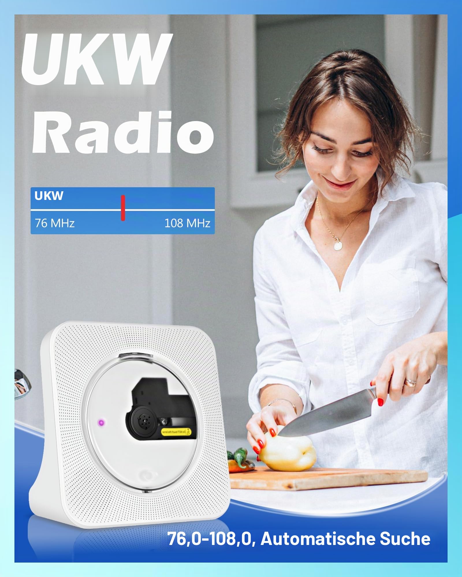 Tragbarer Aufladbarer CD-Player, Stereo-CD-Player mit Bluetooth, AUX, FM-Radio, USB, Desktop-CDs-Players mit Fernbedienung