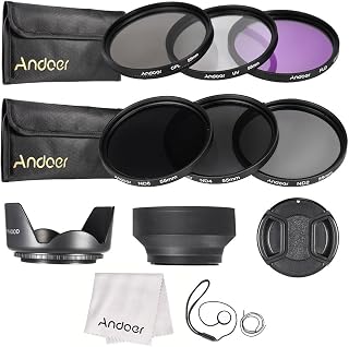 mingzhe Kit de filtro de lente 55mm UV+CPL+FLD+ND(ND2 ND4 ND8) com bolsa de transporte/tampa da lente/suporte da tampa da lente/coberturas de lente de tulipa e borracha/pano de limpeza
