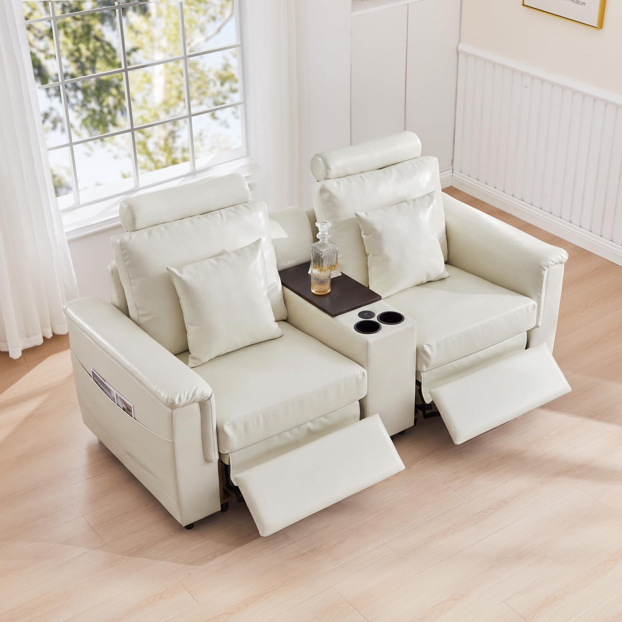 LEVNARY 2-Seater Modular Reclining Sofa with Center Console, Upholstered Faux Leather Power Recliner Loveseat with Cup Holders, USB Charging, Side Pockets &amp; 2 Pillows, Living Room Furniture (White)