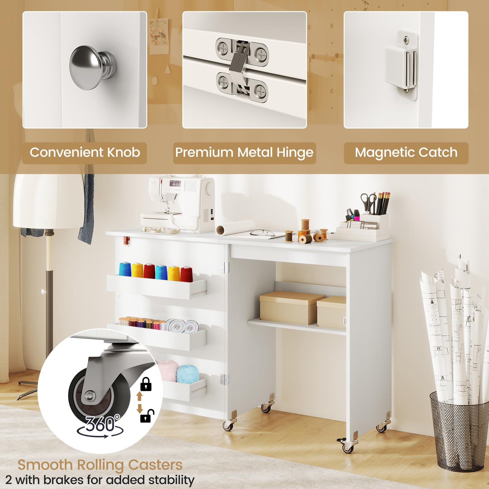LIFEZEAL Mueble para máquina de Coser, Mesa Plegable de Costura, Armario de Madera con 3 bastidores, Escritorio móvil con 5 Ruedas, para hogar, Oficina (Blanco, 117 x 40 x 77 cm)