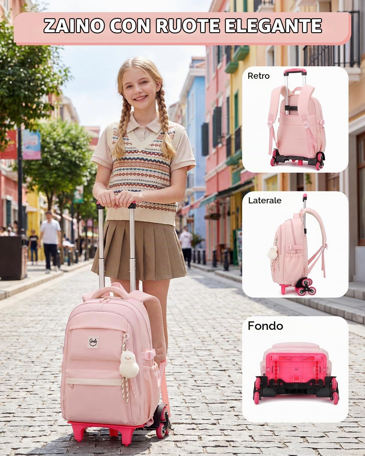 Tanou Zaino Trolley Scuola Elementare e Media, Zaini Casual con Ruote per Ragazze Adolescenti, Staccabile Zaino Rotelle Bambina per la Scuola Viaggio, Rosa | Zaino rimovibile, 6 ruote, per adolescenti e ragazze, per scuola elementare, liceo con ciondolo