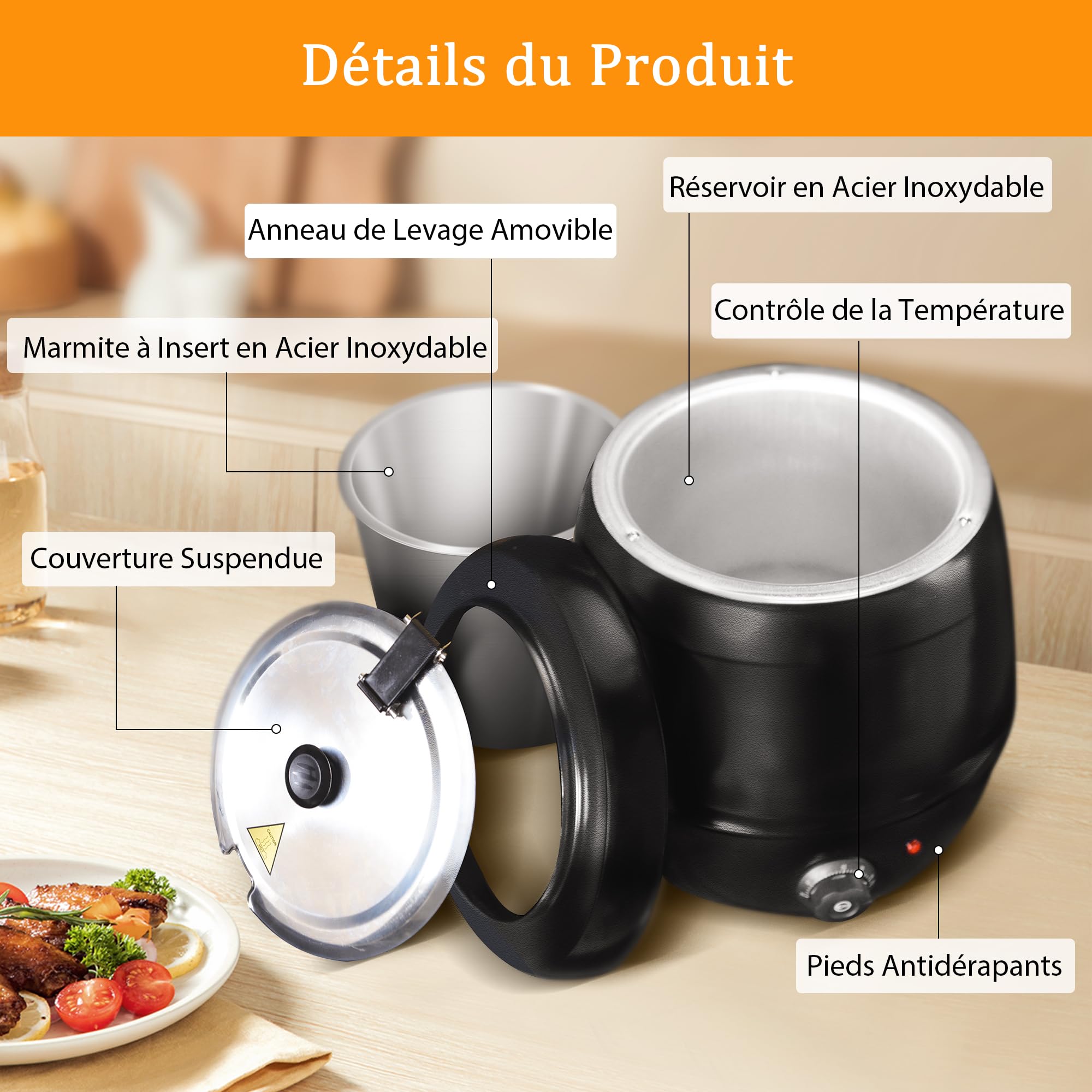 Hakka Marmite à Soupe Électrique10L, Chauffe-Soupe avec Couvercle à Charnière, Marmite Amovible en Acier Inoxydable, Température Réglable de 30 à 85 °C, Pour Restaurant, Buffet et Traiteur.