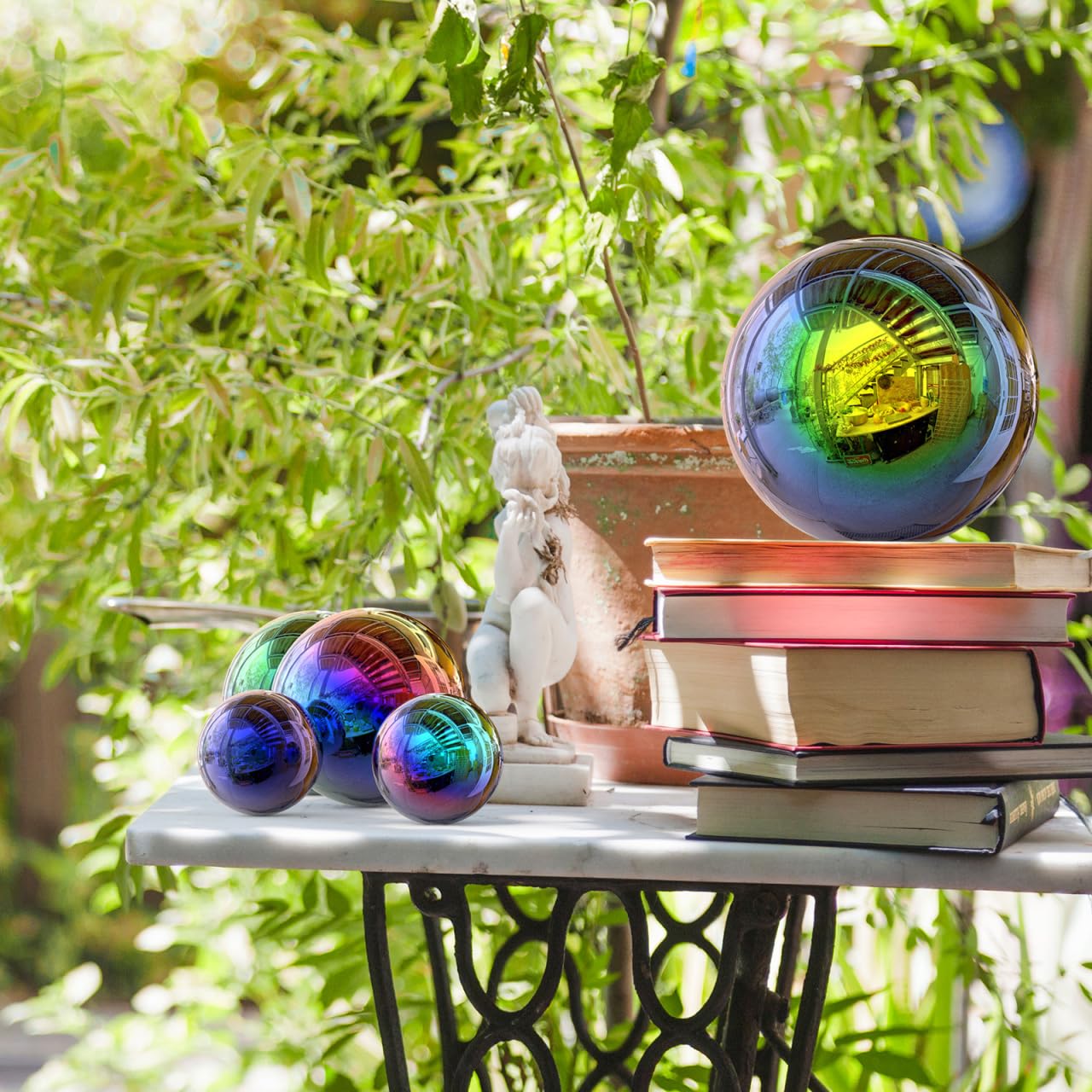 6 Stück Regenbogen Edelstahl Gartenkugeln 15cm - Bunte Spiegelkugeln Reflektierende Dekokugeln, Wetterfest Teichkugeln für Außen Garten Terrasse Wohnzimmer Deko