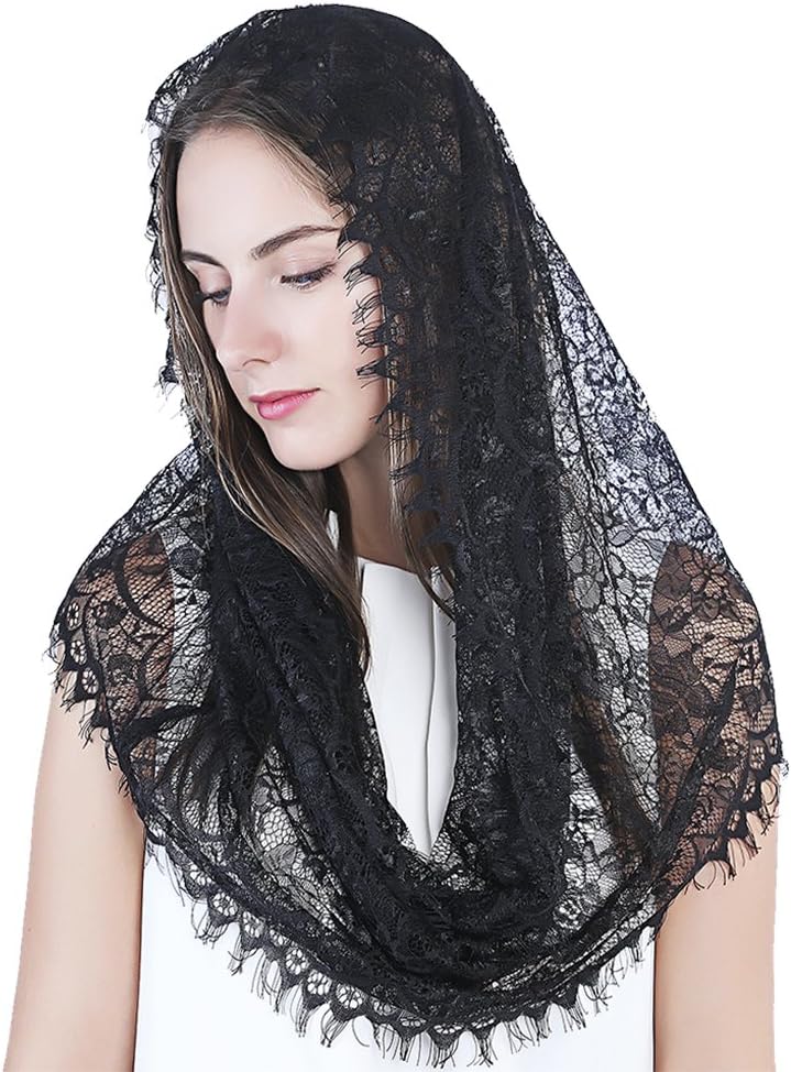Black Infinity Scarf Mantilla - Catholic Veil Church Veil Head Covering Latin Mass