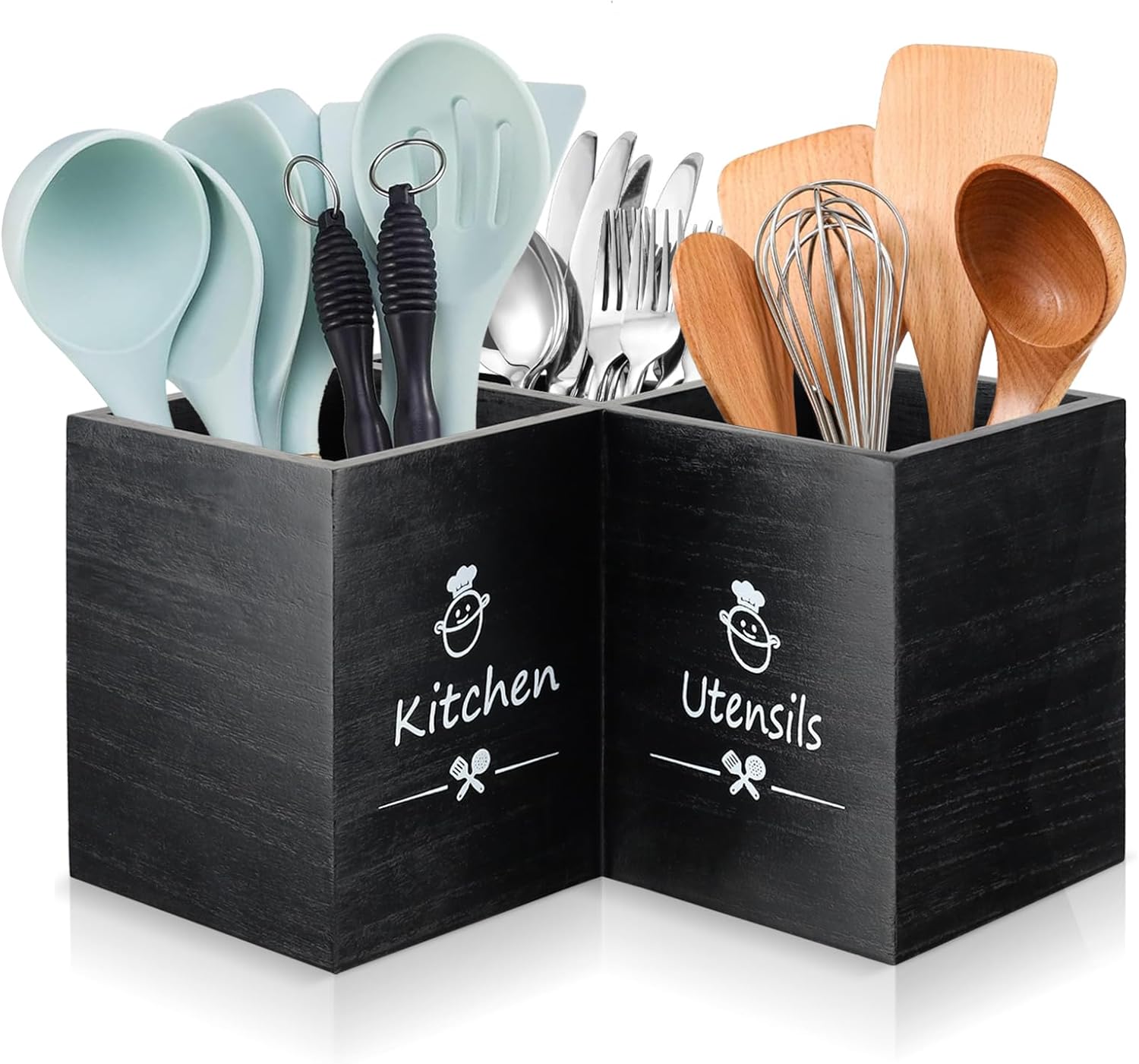 Aenmido Kitchen Utensil Holder with Drainage Base, Wooden Utensil Organiser, Large 3 Compartments, Solid Real for Kitchen Counter, Cooking Tools for Farmhouses for Worktops