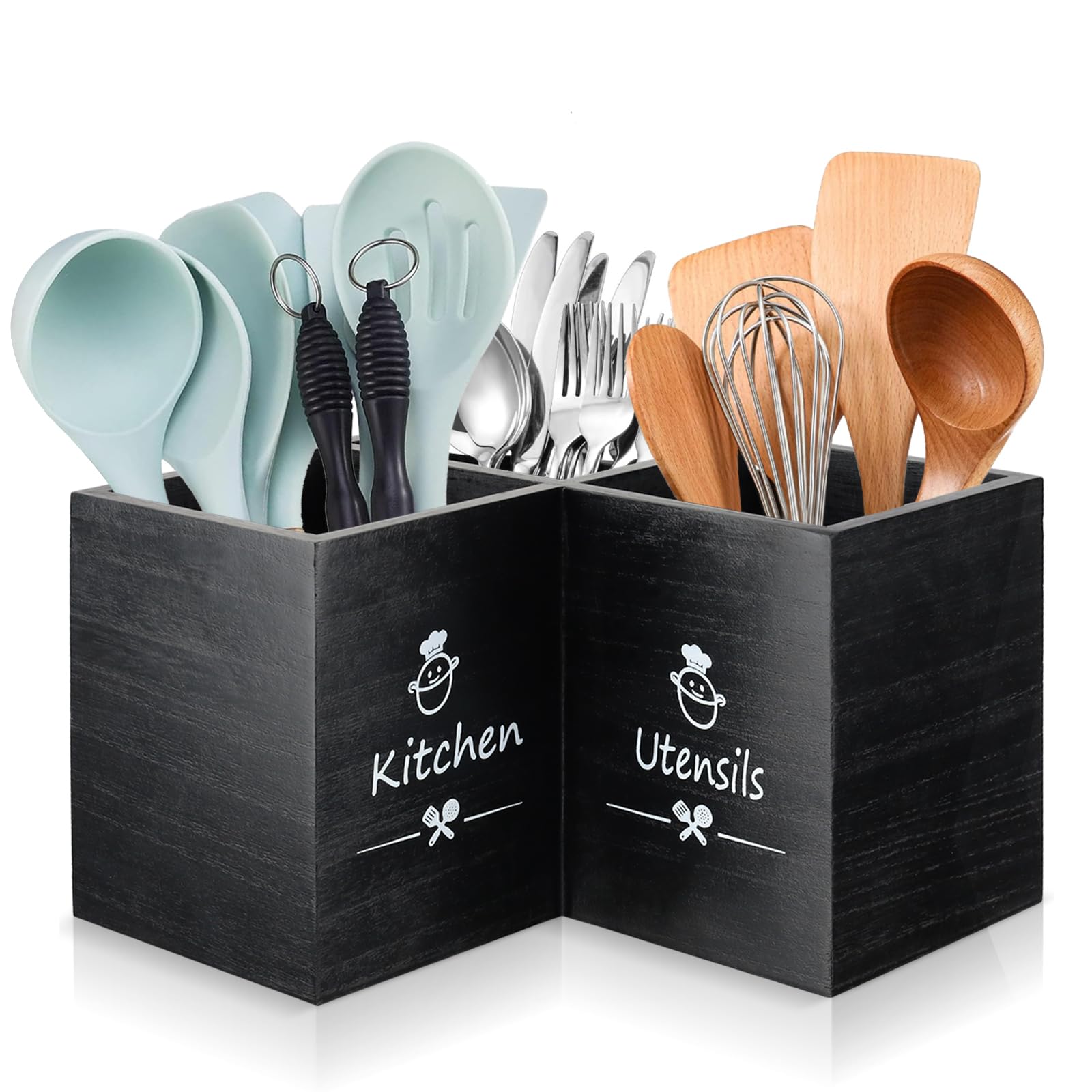 Kitchen Utensilhalter mit Entwässerungboden, Holz Utensil Organizer, große 3 Fächer Küchenutensilien Organizer Stabiler Besteckhalter für Küchenarbeitsplatte