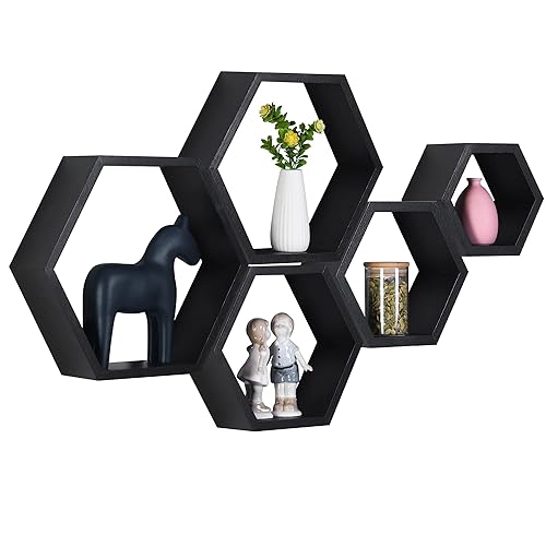 PHOENANCEE Hexagon Floating Shelves,Wall Mounted Wood Farmhouse Storage Honeycomb Shelf