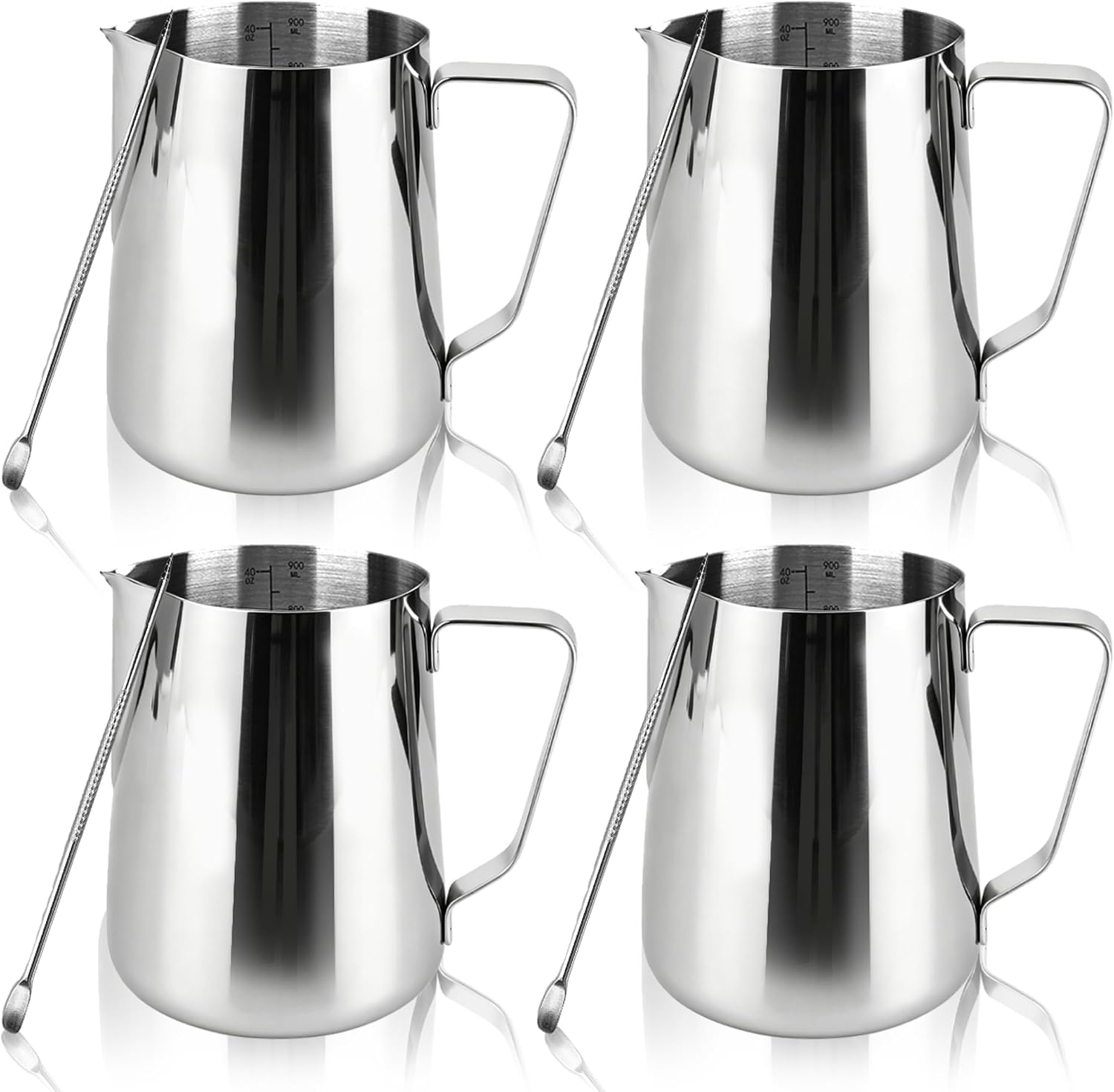 4 Set Milk Frothing Pitcher 32oz/1000 ml Milk Frother Cup with 4 Art Pens Stainless Steel Latte Steaming Pitchers with Handle for Kitchen Espresso Milk Coffee Bar