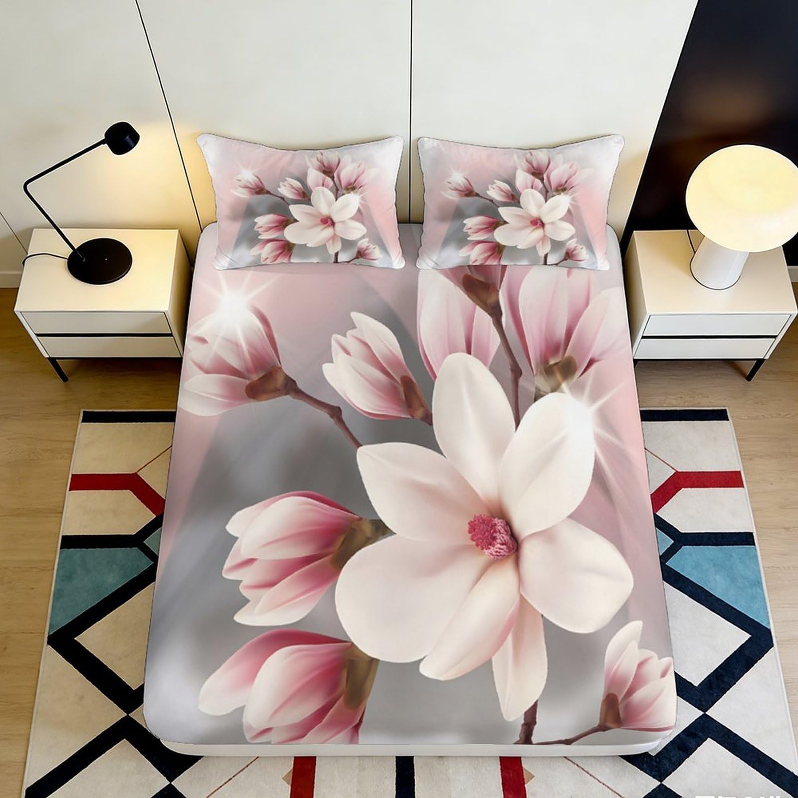 3D Printed Magnolia Blossom Fitted Sheet Microfiber Floral Pink Grey Mattress Cover for Bedroom Guest Room Decor 90x200x25cm