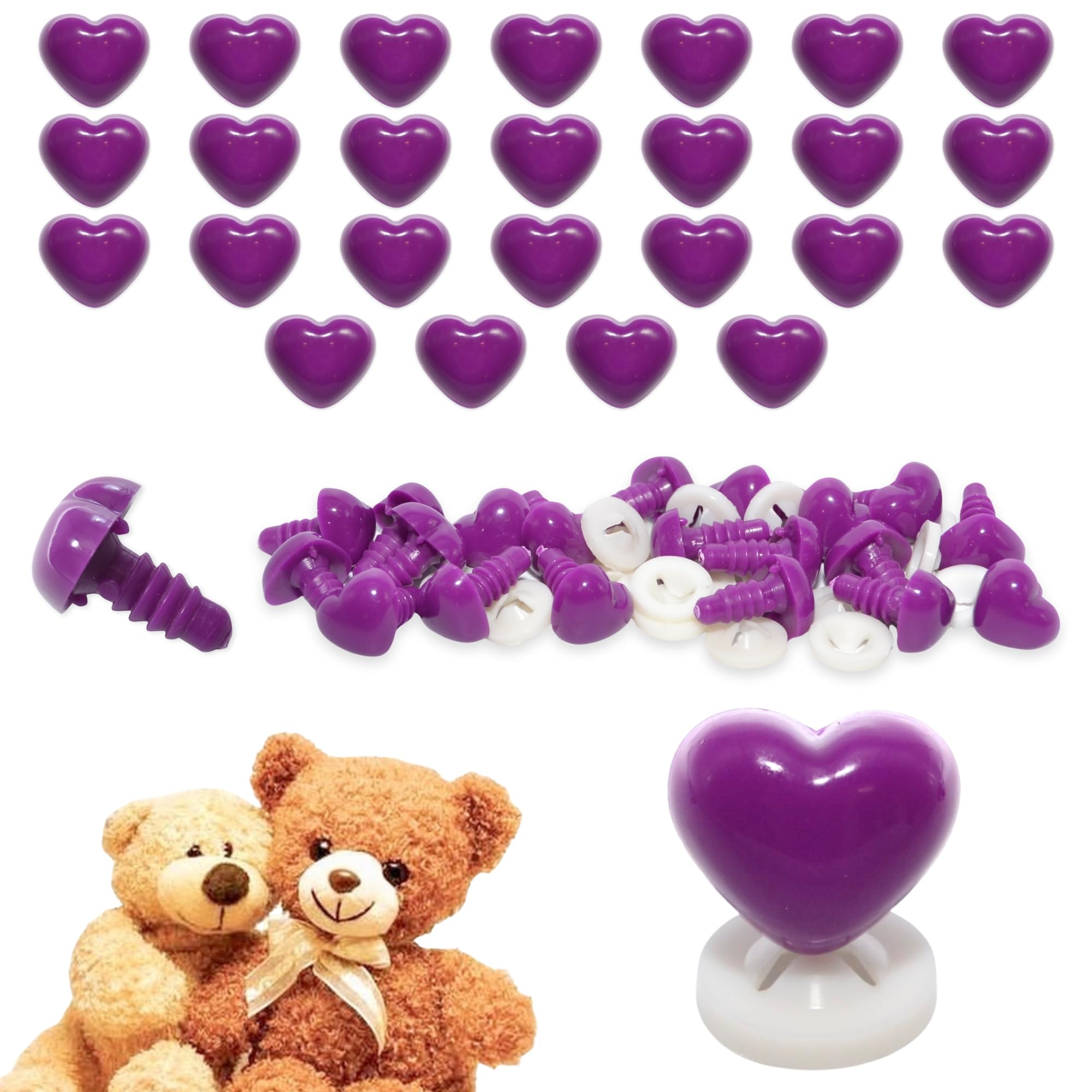celloexpress 15mm x 13mm Purple Heart Noses with Plastic Backs - Safety Noses for Soft Toy Teddy Bear Animal Making (Pack of 25)