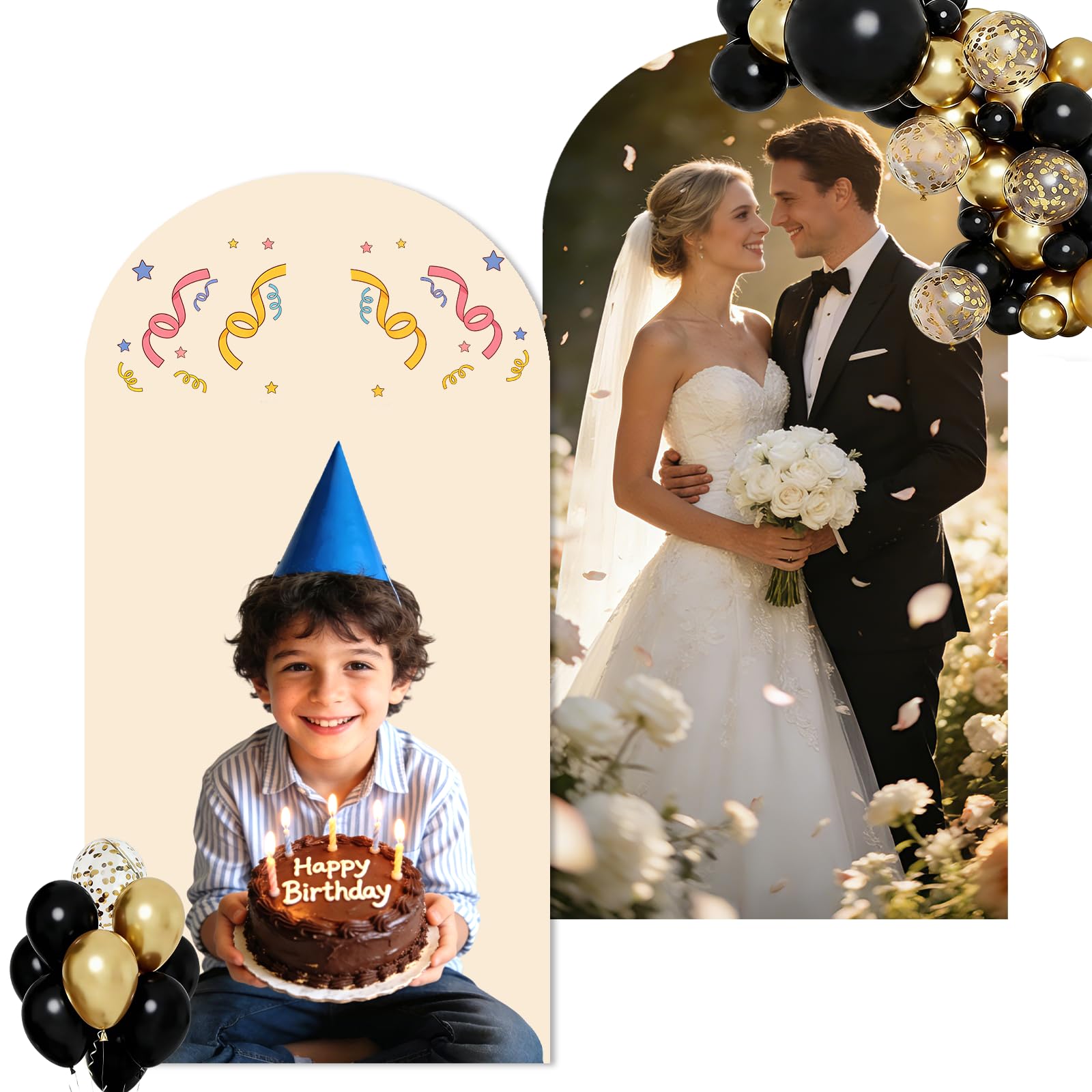 BEXOA Custom Arch Backdrop Cover - 7.2Ft 6.6Ft Personalized Arch Cover with Picture Text for Wedding Birthday Baby Shower Graduation Holiday Party (