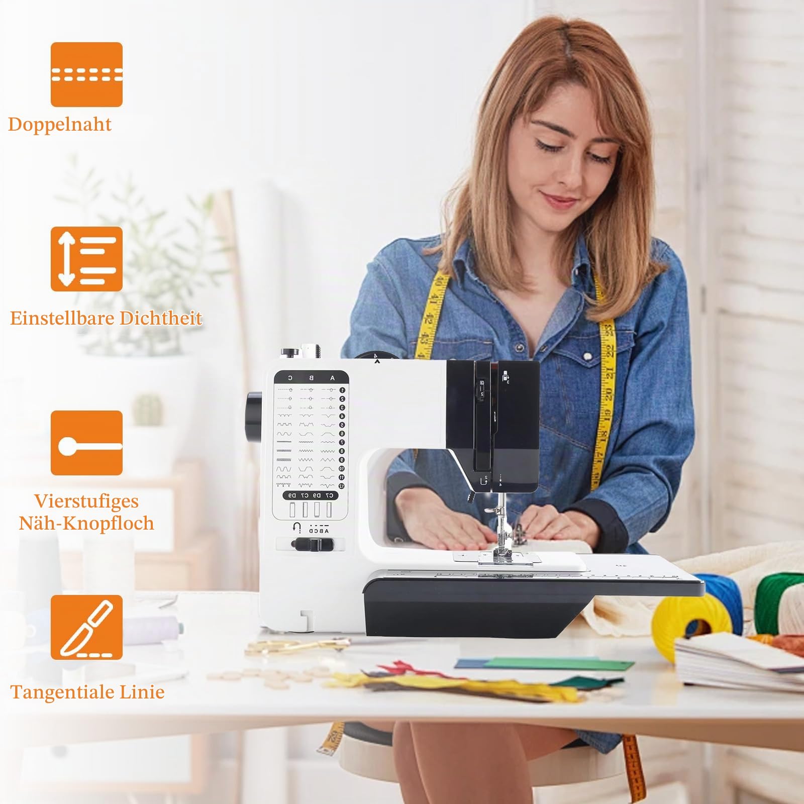 Nähmaschine mit Anschiebetisch, 38 Stichprogrammen Tragbare Elektrische Nähmaschine mit LED Licht & Fußpedal, Nähzubehör Set Mini Nähmaschine für KleidungKissenbezüge Bettlaken