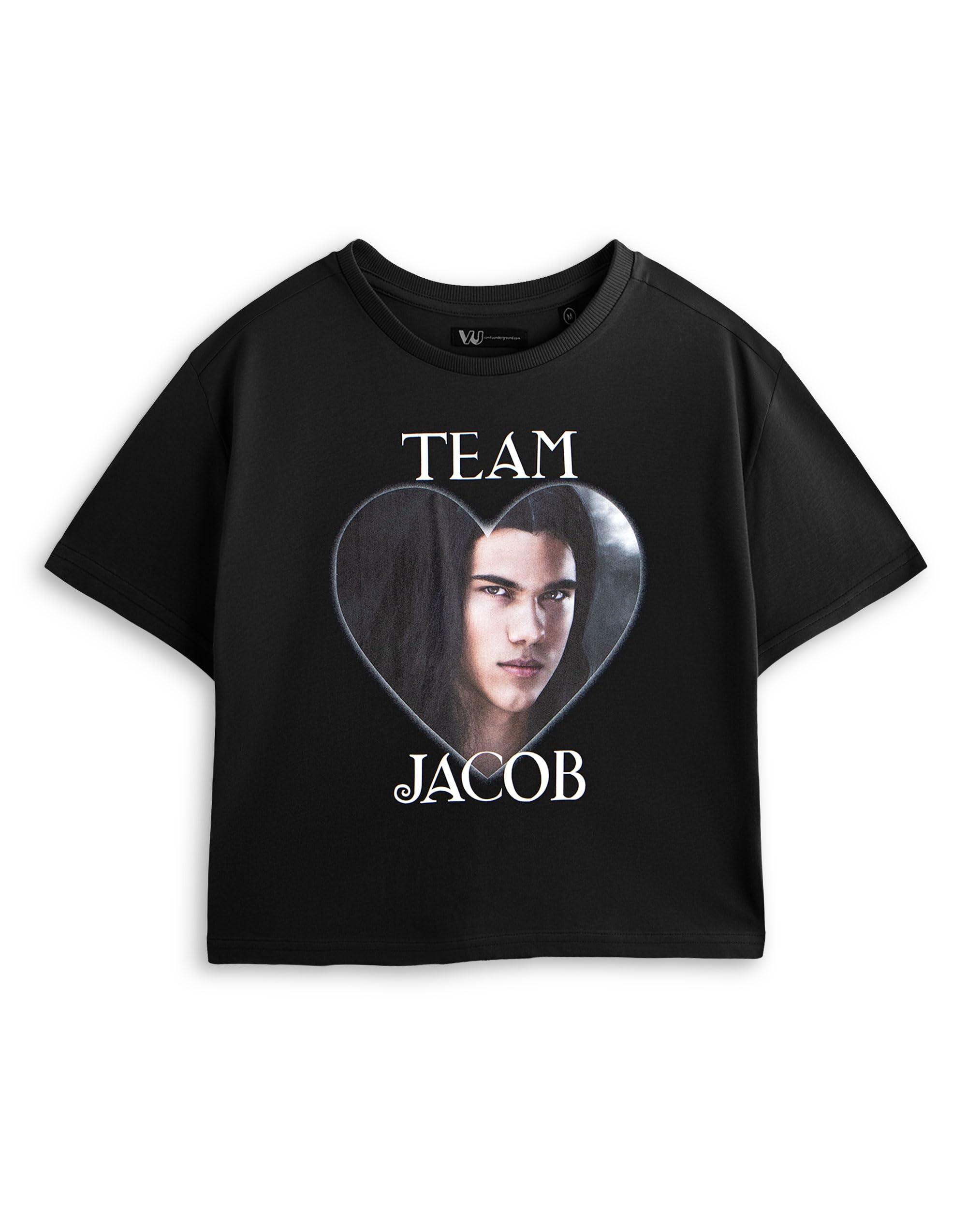 Vanilla Underground Twilight Team Jacob Women's Black Cropped Short Sleeve Graphic Tee | Casual Fan Merchandise | Classic Crew Neck Top | Twilight Saga Apparel - X-Large