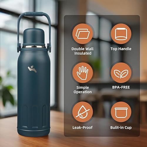 Miniatura 3 de Botella de agua aislada con asa y correa, vaso de viaje al vacío con tapa de taza, taza de café térmica para bebidas frías y calientes, 50 onzas,