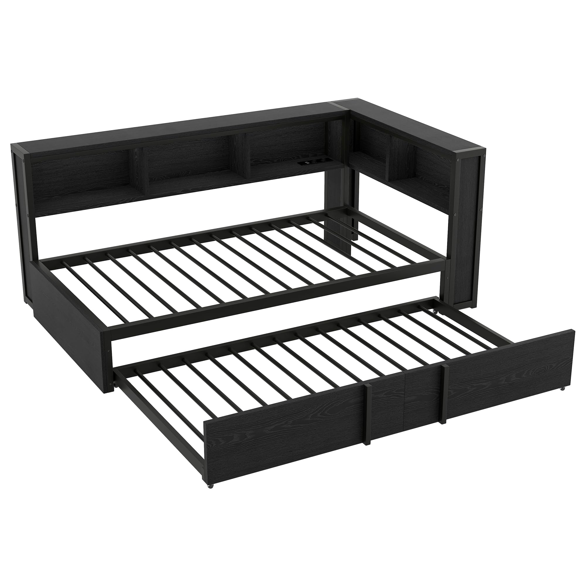 Cama de metal de 90 x 200 cm con cama nido, armarios de almacenamiento, iluminación LED y puertos USB (negro)