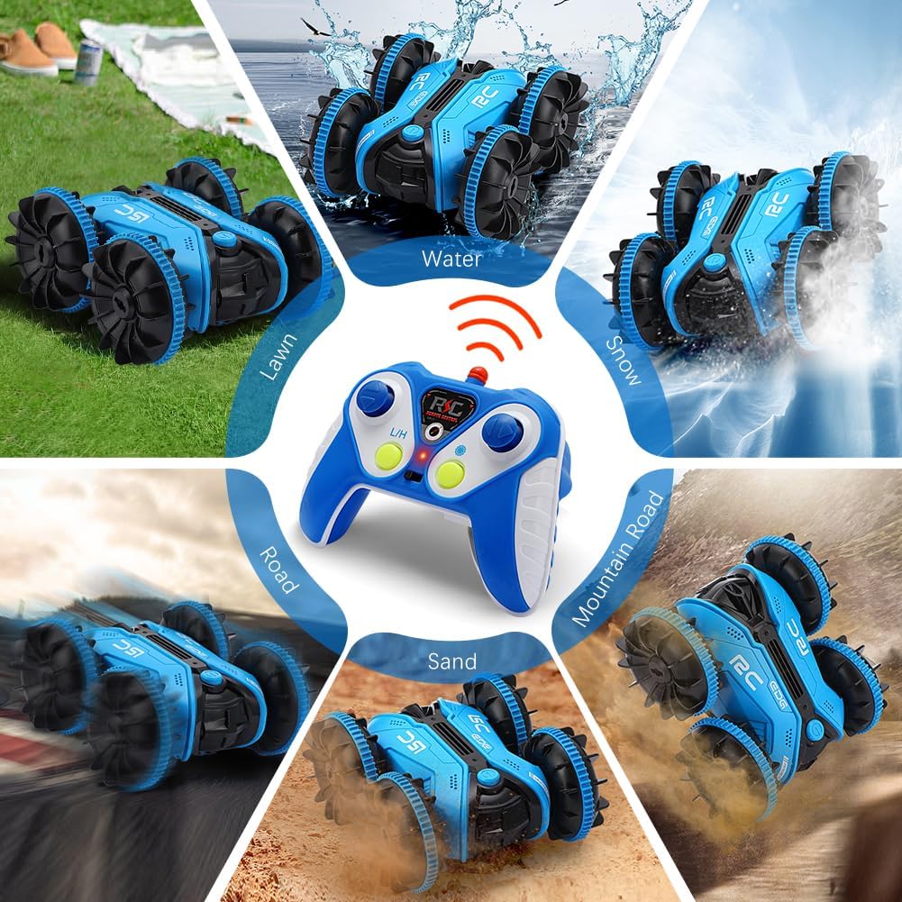 Strixorn Coche Teledirigido 4WD Anfibio Con 2 Baterías – 360° De Rotación Y Control Por Gestos | Impermeable Para Agua Y Tierra, 30m De Alcance | Regalo Para Niños +6 Años (Azul)