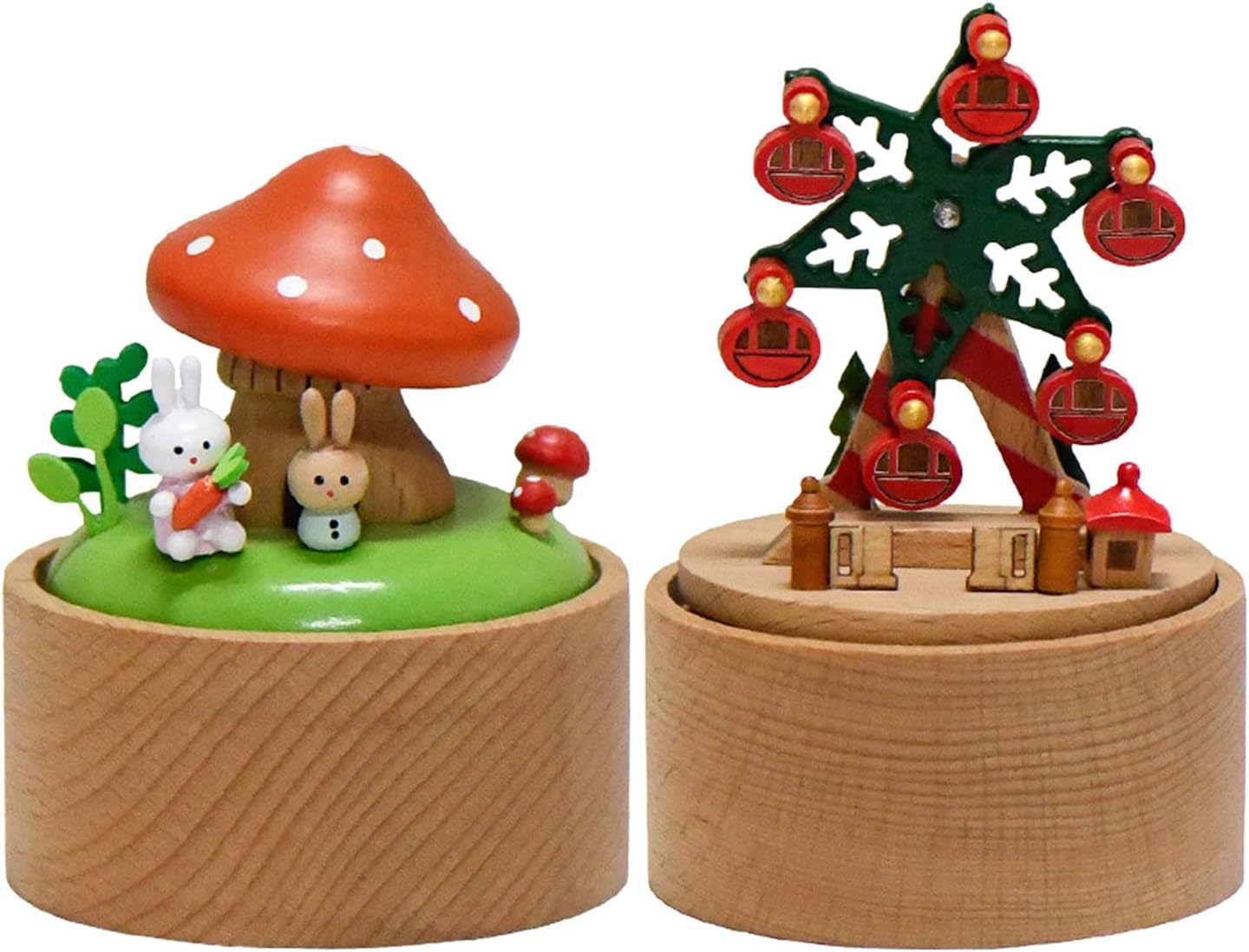 Ciieeo 2pcs Cartoon Mini Wooden Music Boxes - Mechanical Wind Up Ferris Wheel and Mushroom Musical Box - Cute Vintage Decor for Kids Holiday Birthday and Party Gifting