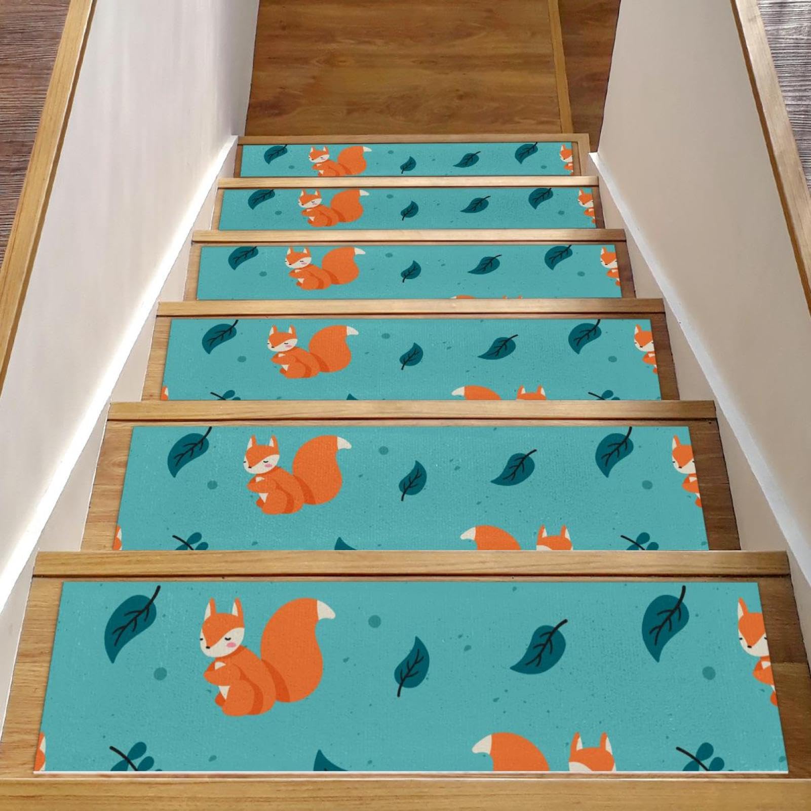 Alfombra para escaleras interiores de madera con diseño de zorro otoñal, pack de 15 piezas