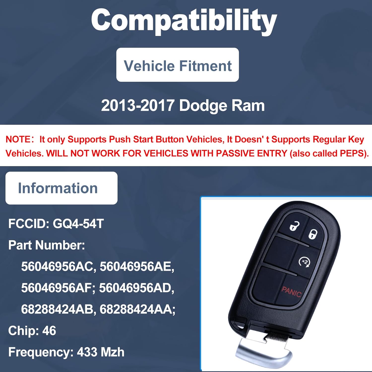 DIY Smart Key Fob Replacement Fits for Dodge Ram 2013 2014 2015 2016 2017 Keyless Entry Remote Control Replaces FCC ID: GQ4-54T CHIP: 46 Frequency: 434MHz 4 Button