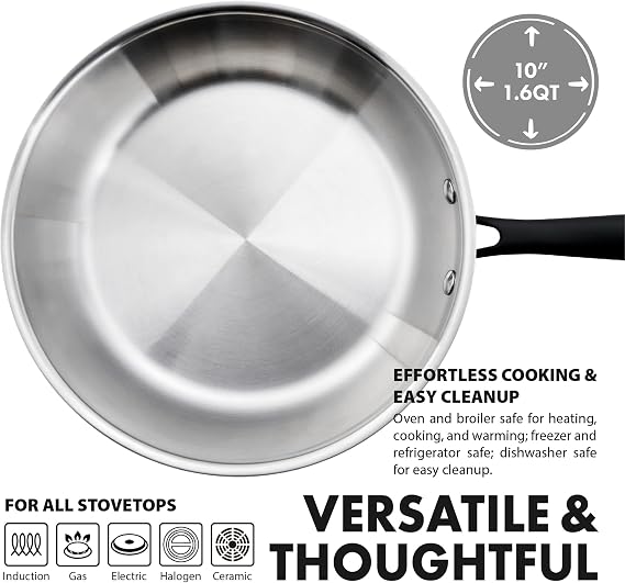 GrandTies Full-Clad Tri-Ply Stainless Steel Frying Pan Induction Cookware 10 Inch Stainless Steel Skillet, Marquina Black Metal Handles Kitchen Cooking Pan, Dishwasher and Oven Safe Pots and Pans