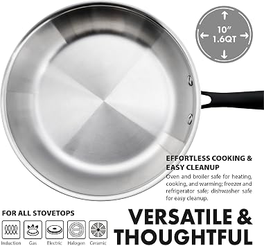 GrandTies Full-Clad Tri-Ply Stainless Steel Frying Pan Induction Cookware 10 Inch Stainless Steel Skillet, Marquina Black Metal Handles Kitchen Cooking Pan, Dishwasher and Oven Safe Pots and Pans