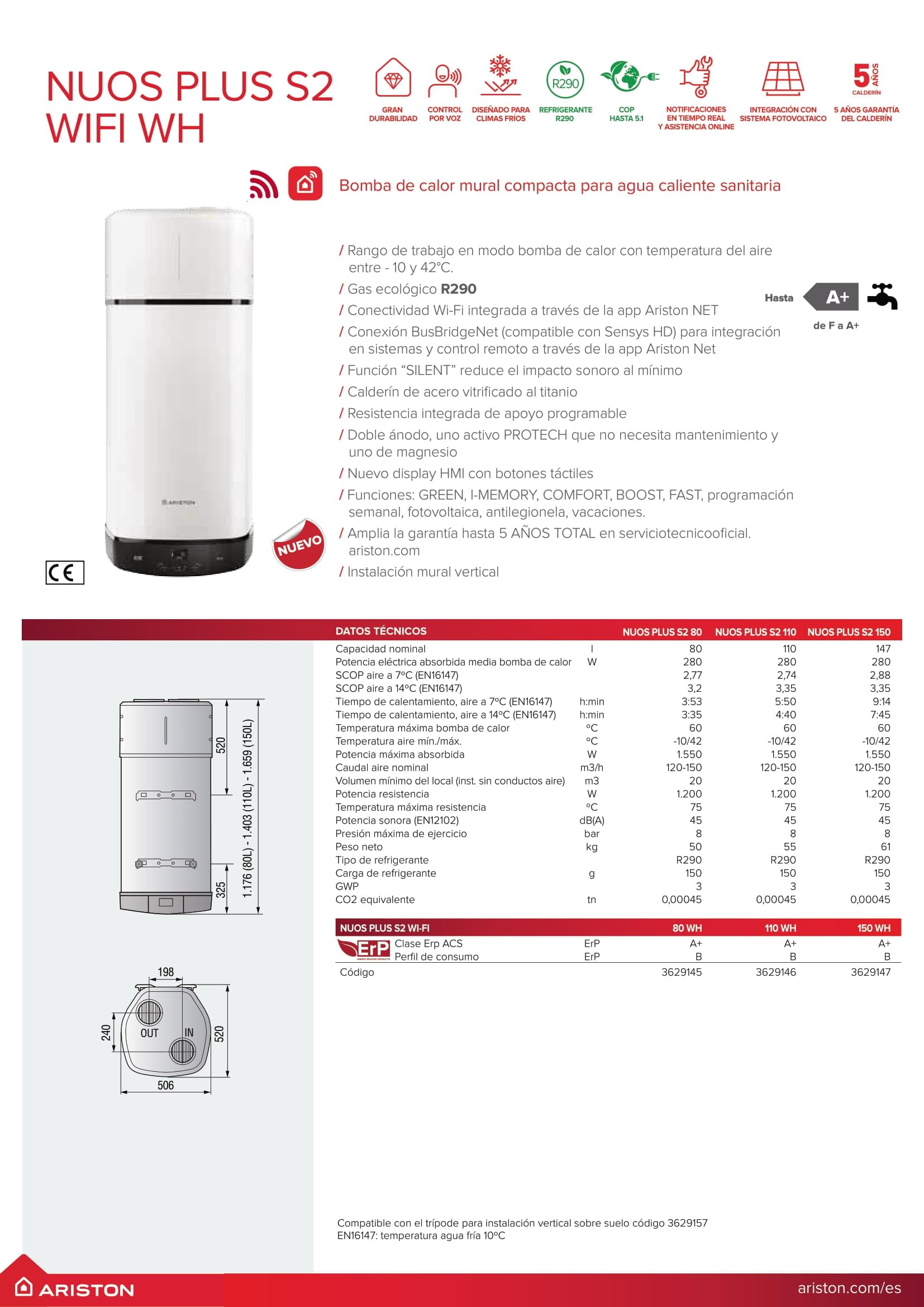 Ariston NUOS PLUS S2 WIFI 80L, Chauffe-Eau Thermodynamique Mural R290, 80% d'Économie d'Energie, Compatible Photovoltaïque, Silencieux 45 dB(A), COP 2.77, Conçu pour être installé en France