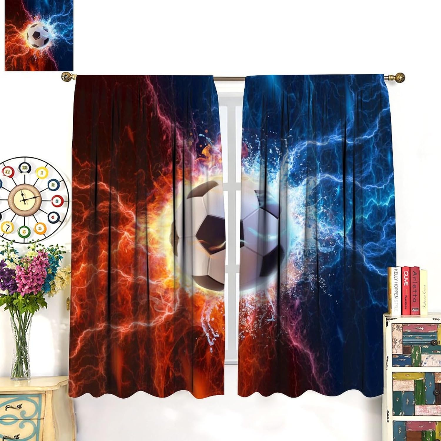 Sport Cool Soccer Curtains Football Theme Red Blue Lightning Window Drapes Rod Pocket Curtains Darkening Window Treatments 2 Panels 63" L x 21" W