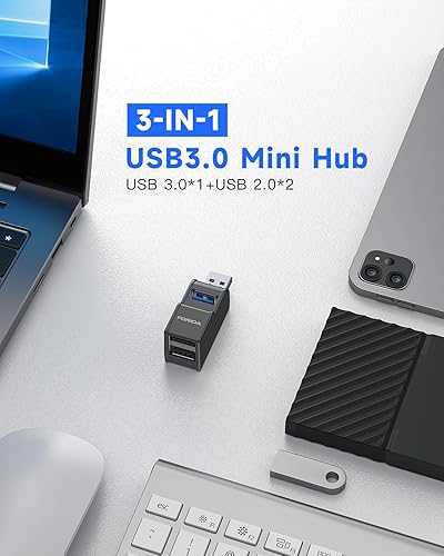 Miniatura 2 de FORIDA Adaptador USB de 3 Puertos, Hub USB con USB 3.0 y Adaptador USB Doble, Divisor USB Portátil 1 en 3 Salidas para Teclado, Disco Duro Móvil,