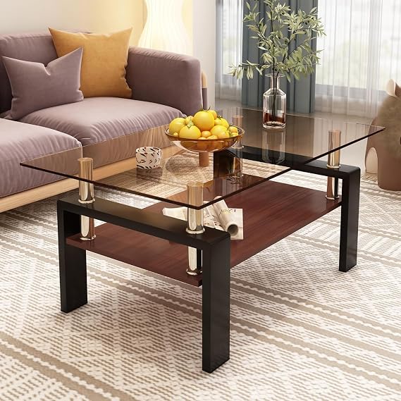Modern Glass Coffee Table and End Table Sets of 3, Living Room Tables Set with Walnut Wooden MDF Layer, 39 Rectangle Brown Top, Black Metal Legs