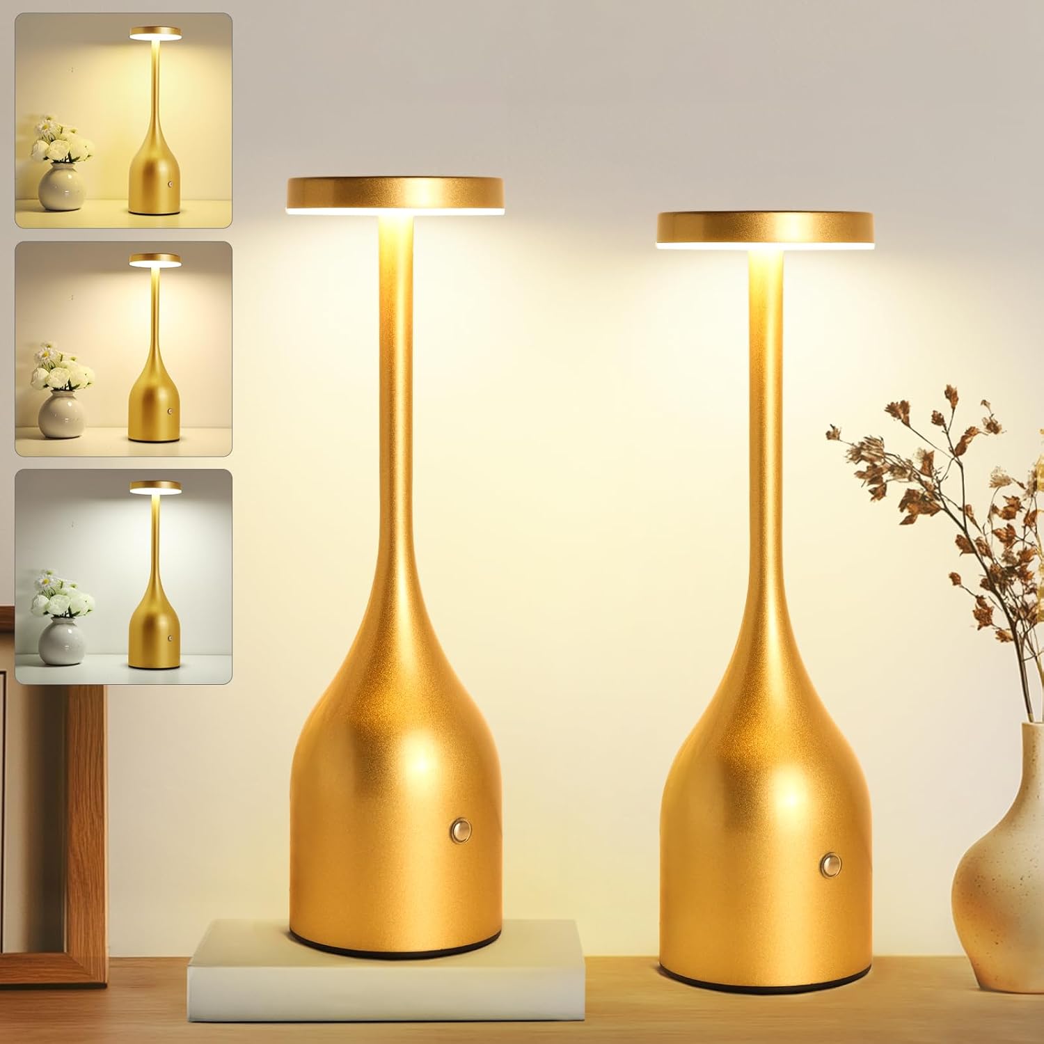 Cordless Table Lamp Rechargeable 5000mAh Battery Operated LED Table Light, 3 Color Stepless Dimming Portable Table Light Waterproof for Patio Dining Dinner Home Terrace (Gold)
