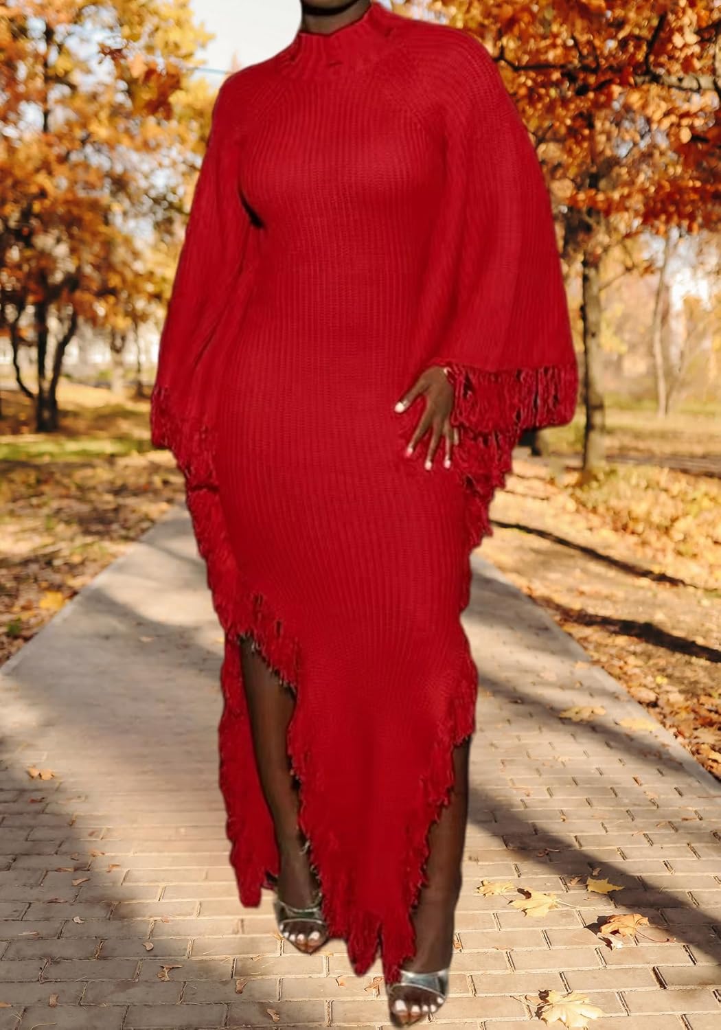 Ptorlio Womens Fringe Sweater Dress Knit Plus Size Turtleneck Long Batwing Sleeve High Slit Fall Maxi Dresses - Image 4