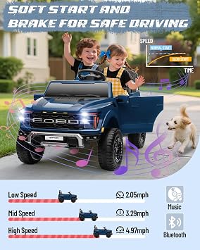 YOFE 24V Ride On Toys for Big Kids, Ford F-150 Raptor 2 Seater Ride on Car w/Remote, Power Kids Truck w/4 Wheels Suspension, Kids Electric Car w/Bluetooth, LED Lights, Truck Bed Storage (Blue)