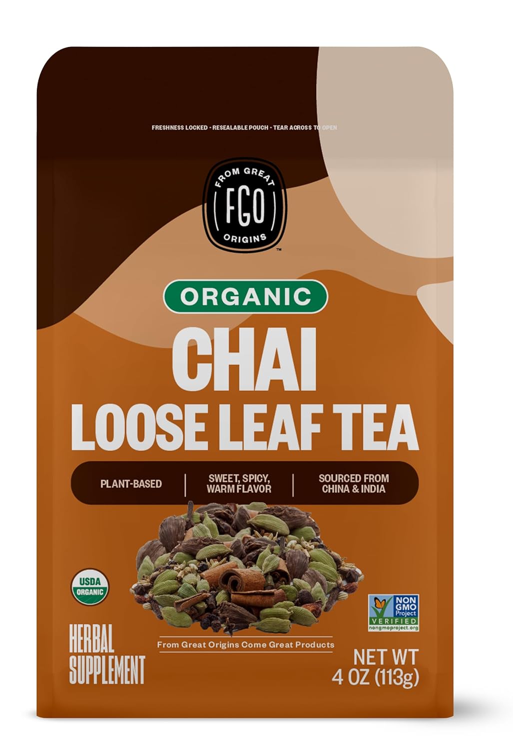 FGO Organic Chai Loose Leaf Tea, Resealable Kraft Bag, 4oz