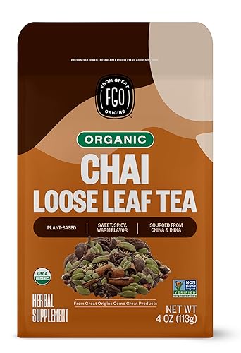 FGO Té chai orgánico, de hojas sueltas, 4 oz, bolsa que se puede volver a cerrar, el embalaje puede variar (paquete de 1)