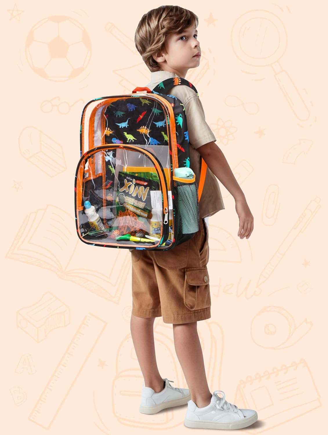 BLUEFAIRY Clear Backpack for Boys Heavy Duty Dinosaur Backpack Large 17" Transparent Bag Stadium Approved See Through Elementary Primary Back to School Bookbag for Kids Black Orange - Image 7