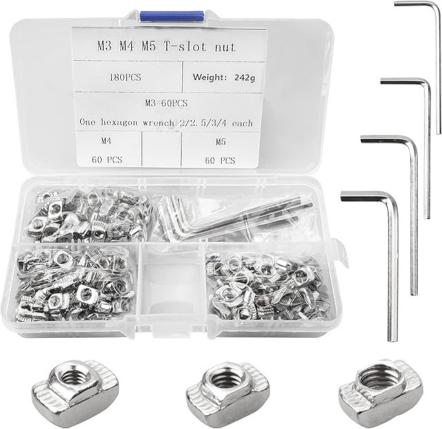Kigniote 180 Pcs M3 M4 M5 T-Slot Nuts Set Carbon Steel Nickel-Plated T Slot Nuts for 2020 Series Aluminum Profile, Extrusion Hammer Head Fastener Nut Kit for 3D Printer with 4 Allen Wrench