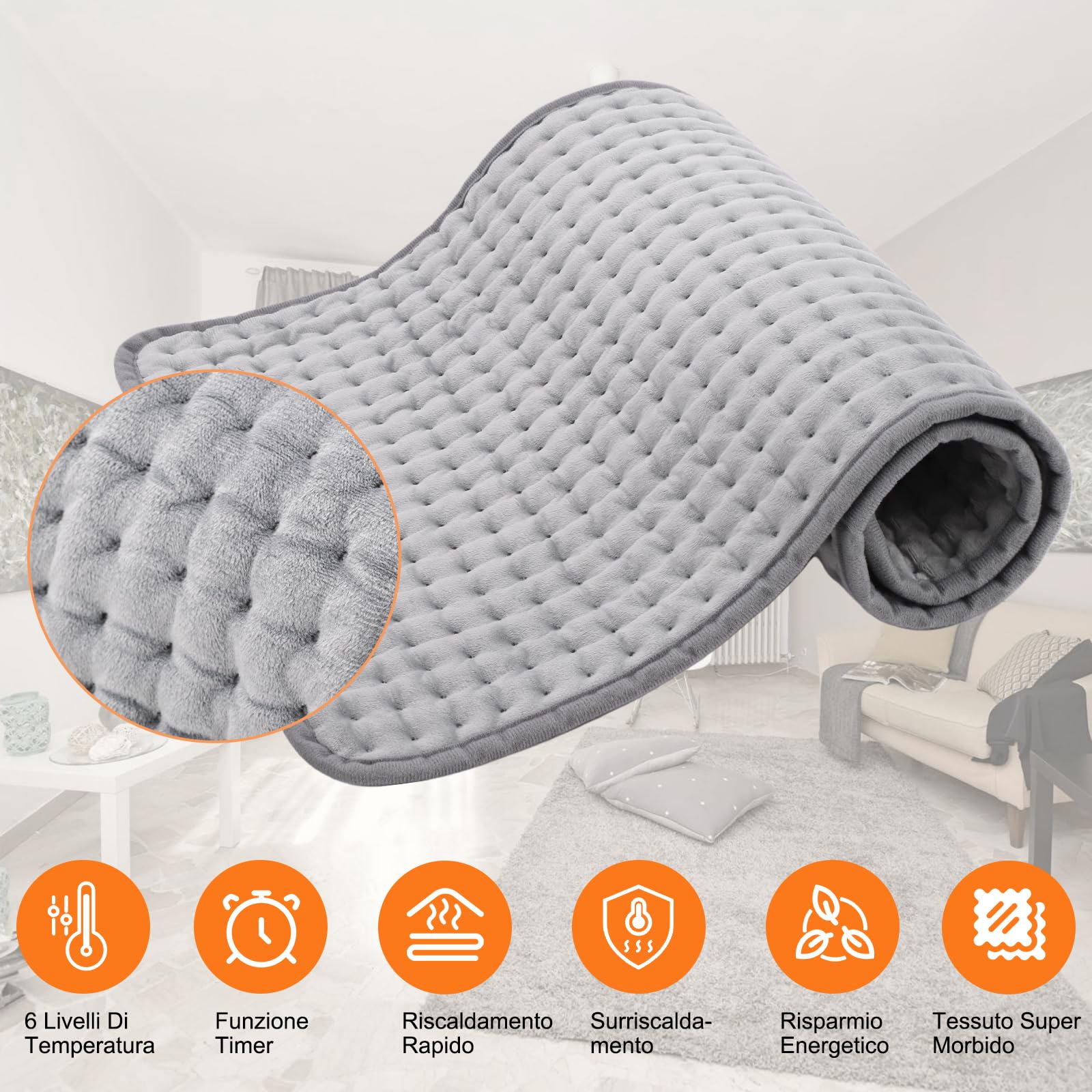 Termoforo Elettrico con 6 Livelli di Temperaturaa, Cuscino Termico Spegnimento, per schiena e addome, termoforo cervicale e spalle, Rapido Riscaldamento, Electro Block di sicurezza, (76x40cm)