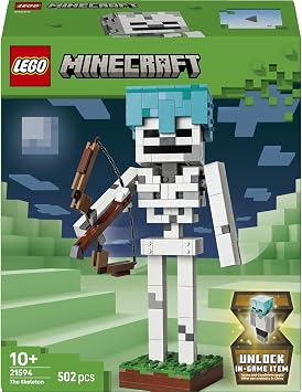 LEGO Minecraft İskelet 21594-10 Yaş ve Üzeri Çocuklar için Yay, Ok ve Elmas Miğfer Aksesuarları İçeren Yaratıcı Oyuncak Figür Yapım Seti, Çocuklar için Hediye Fikri (502 Parça)