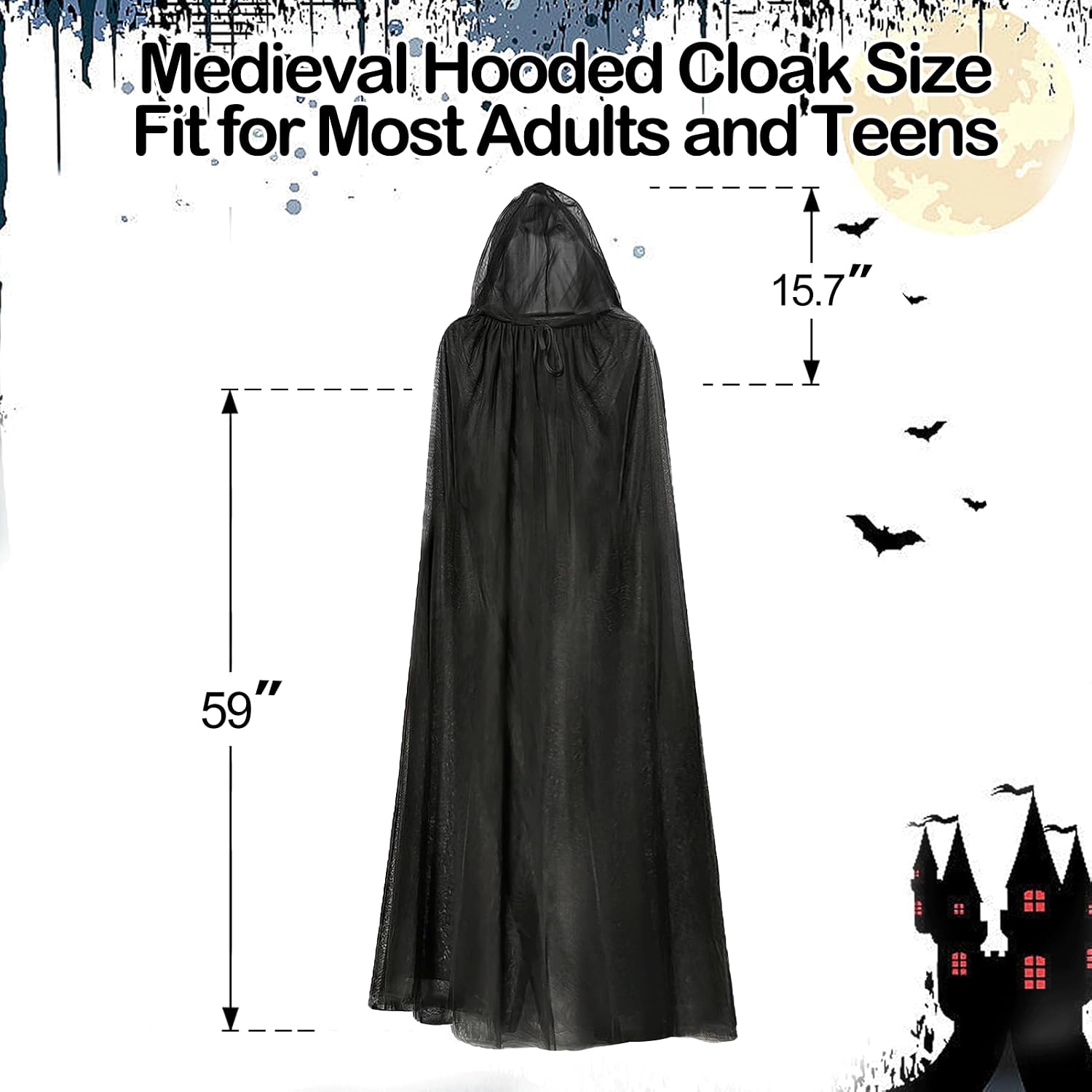 Halloween Medieval Hooded Cloak 3-Layer Chiffon Gothic Witch Cape for Adults and Teens, Unisex Cosplay Costume