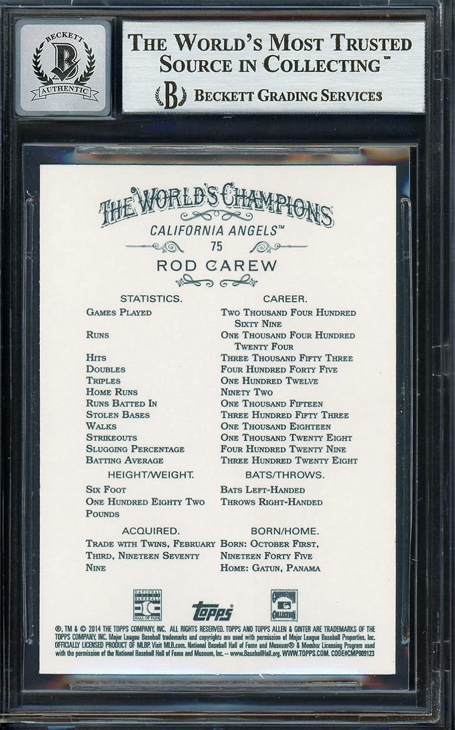 Rod Carew Autographed 2014 Topps Allen & Ginter Baseball Card #75 Auto Grade Gem Mint 10 Beckett BAS Stock #192788