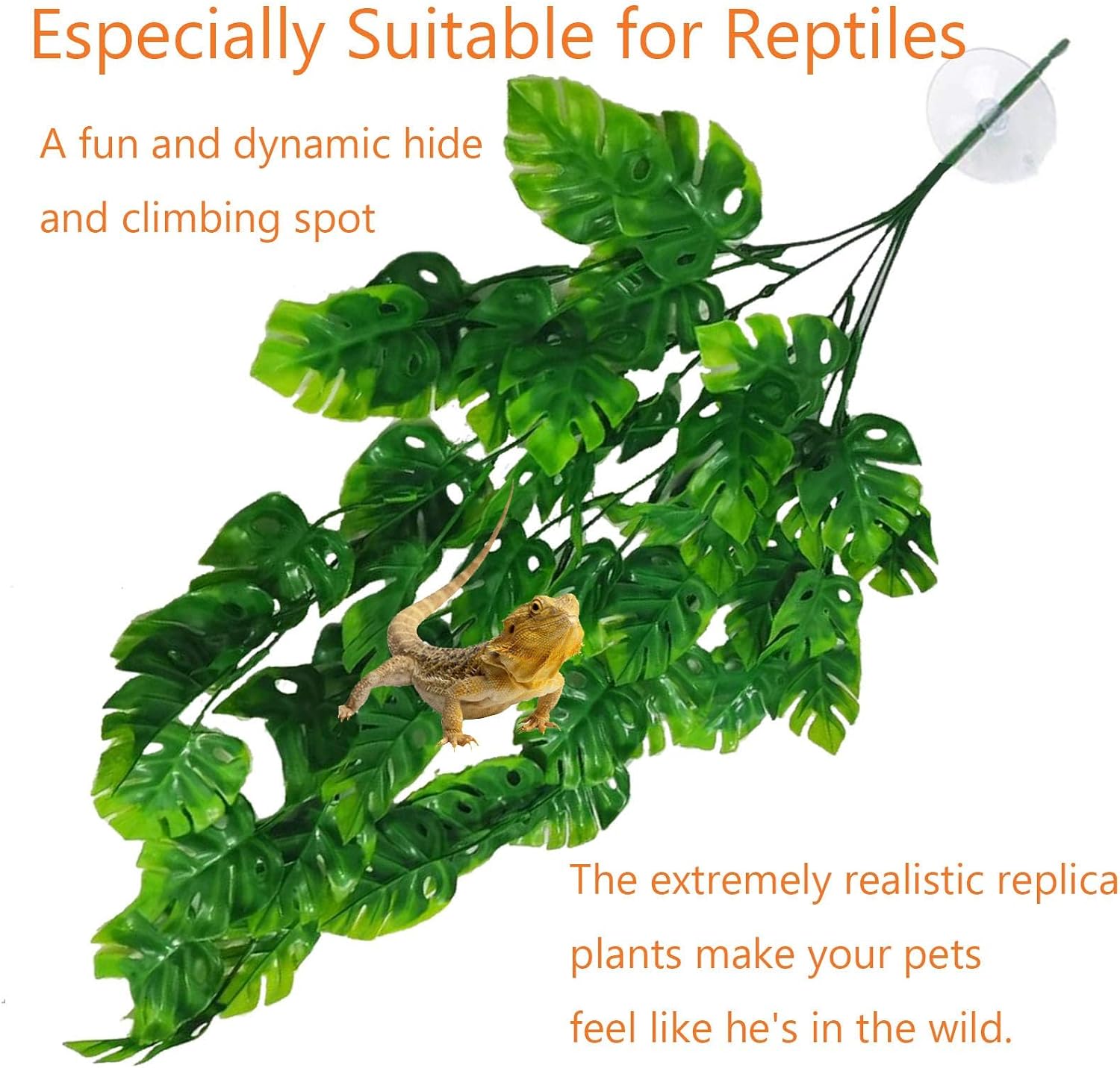 Hamiledyi Fake Plant Reptile Tank Hanging Plants with Suction Cup 3pcs Leaves Vines for Reptile Tank Bearded Dragons,Lizards,Geckos,Snake and Hermit Crab Tank Habitat Decorations 30 Inches Green image 3